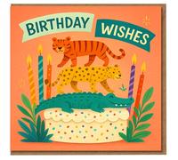 Birthday Wishes Animal Stack Card - Tiger, Cheetah and Crocodile on Sprinkle Cake with Candles - Fun Kids Birthday Card