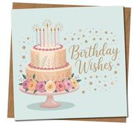 Birthday Wishes Cake Greeting Card, 145mm x 145mm, Elegant Pastel Three-Tier Cake, Includes Kraft Envelope