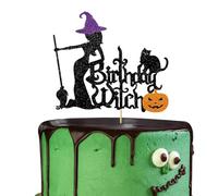 Birthday Witch Cake Topper Black Glitter Halloween Witch Cake Pick Halloween Theme Girls Birthday Party Decortions Supplies