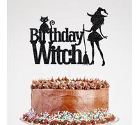 Birthday Witch Cake Topper, Happy Birthday Witch Cake Decor for Girl's Bday Halloween Party Decoration Supplies Black Glitter