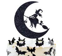 Birthday Witches Cake Topper, Witch and Moon Halloween Cake Decorations, Halloween Witches Birthday Party Decorations Supplies, Black Glitter