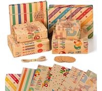 Birthday Wrapping Paper, 6 Sheets Recycled Kraft Birthday Gift Wrap Set with 6 Tags and 10m Jute String for Female Women Men Girls Boys Kids