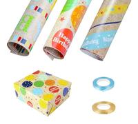 Birthday Wrapping Paper - 9 Sheets Rainbow Balloon Gift Wrapping Paper Set with 3 Designs, 3 Sheets Each, Plus 2 Rolls Ribbon, Perfect for Men, Women, Kids Birthday Parties and Festivals