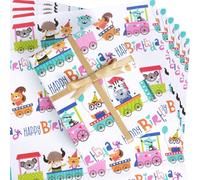 Birthday Wrapping Paper, Folded 6 Sheets Cute Cartoon Animal Party Train Design Wrapping Paper for Kids Boys Girls, Recycled Gift Wrap Paper Sheets for Birthday and Baby Shower, 20x28 inch