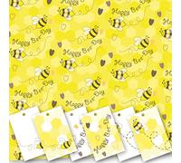 Birthday Wrapping Paper. "Happy Bee-Day" Design with Bees. 5 XL Sheets (50 x 70cm). Gift Wrap with Matching Tags. Cutting Grid on Reverse.