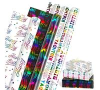 Birthday Wrapping Paper Roll - 3 Rolls 43cm x 3m, Colorful Metallic Foil Happy Birthday Wrapping Paper Rolls for Girls Women, Multicolored Gift Wrap Paper for Baby Shower Christening Party Decorations