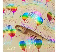 Birthday Wrapping Paper Roll 43cm x 10m, Colorful Brown Kraft Metallic Foil Happy Birthday Wrapping Paper for Girls Women, Recyclable Gift Wrap Paper for Birthday Wedding Baby Shower Anniversary