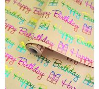 Birthday Wrapping Paper Roll 43cm x 10m, Shimmer Metallic Colorful Foil - Brown Kraft Happy Birthday Gift Wrapping Paper Roll for Girls Women Boys Men Baby Shower Christening Party Gift Decoration