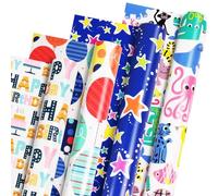 Birthday Wrapping Paper Rolls, 4 Rolls 43cm x 3m - Colorful Cute Animal Balloon Star Design, Recyclable Gift Wrapping Paper with Grid Lines for Girls Boys Birthday Baby Shower Holiday Party DIY Crafts