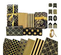 Birthday Wrapping Paper Set, 6 Sheets Wrapping Paper, Luxury Gift Wraps Set with Tags for Boys Girls (Black E)