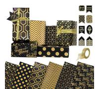 Birthday Wrapping Paper Set, 6 Sheets Wrapping Paper, Luxury Gift Wraps Set with Tags for Boys Girls (Black A)