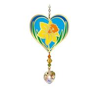 Birthmonth Flower Sun-Catcher Mobile - Stained Glass Effect - Sparkling Crystal Heart Adorned - Embellished with Hand-Crafted Beadwork (March - Daffodil)