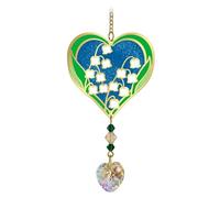Birthmonth Flower Sun-Catcher Mobile - Stained Glass Effect - Sparkling Crystal Heart Adorned - Embellished with Hand-Crafted Beadwork (May - Lily of the Vally)