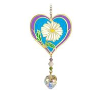 Birthmonth Flower Sun-Catcher Mobile - Stained Glass Effect - Sparkling Crystal Heart Adorned - Embellished with Hand-Crafted Beadwork (April - Daisy)