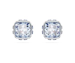 Birthstone stud earrings, Square cut, March, Blue, Rhodium plated