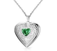 Birthstones Locket Necklace that Holds Pictures Love Heart Photo Locket Crystals Necklace Pendant Birthday Gifts (May)
