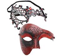Biruil Phantom of The Opera Masquerade Mask Half Face Venetian Mardi Gras Party Mask (Couple B Red)