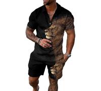 BIRW Mens Short Sets 2 Piece Outfits Polo Shirt Fashion Summer Tracksuits Casual Clothing Set Short Sleeve and Shorts Set for Men, Black Mixed Gold Lion, Small