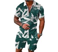 BIRW Mens Short Sets 2 Piece Outfits Polo Shirt Fashion Summer Tracksuits Casual Set Short Sleeve and Shorts Set for Men, Grey White Mixed With Green, X-Large