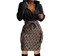 BIRW Womens Bodycon Sweatshirt Dress Slim Casual Long Sleeve High Waist Drawstring Pullover Hoodie Dress with Pockets, Khaki Labyrinth Print, M
