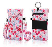 Bisanzoya RFID Blocking Neoprene Phone Sleeve Pouch Crossbody (Pink Floral) | Adjustable Strap Wrist Band Detachable Hook Flap Card Pocket Shockproof