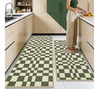 Biscpro checkered Kitchen Rugs,Non Slip Washable Green Kitchen Mats 2pc set