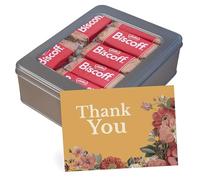 Biscuit Gift Set, a Thank You Appreciation Gift Tin filled with 23 x 2 Packs of Caramalised Biscuits and a Card, a Present for Teachers, Work Colleagues and Friends