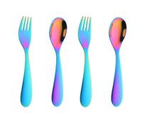 BISDARUN Toddler Cutlery Sets Stainless Steel Childrens Cutlery Set for Baby Metal Kids' Silverware 4 PCS 14.8CM/5.8 Inch Kid Spoons x 2, Child Forks x 2 (Rainbow)