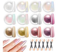 BISHENGYF 12Pcs Chrome Nail Powder - Metallic Mirror Effect & Pearl & Aurora Iridescent Pearlescent Nail Chrome Powder for Gel Nails DIY Manicure Nail Art Decoration Gift for Women