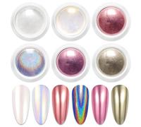 BISHENGYF 6 Boxes Chrome Nail Powder Rose Gold Champagne Silver Pink Rainbow Mirror Effect Holographic Aurora Iridescent Pearlescent Manicure Nail Art Decoration Glitter