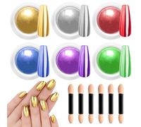 BISHENGYF 6Pcs Gold Silver Chrome Nail Powder for Gel Nails,Metallic Mirror Effect Red Green Blue Chrome Pigment Fine Glitter for Home DIY Salon Use