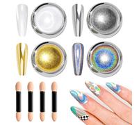 BISHENGYF Gold Chrome Nail Powder - Sparkly Laser Holographic Nail Powder Metallic Mirror Effect Silver Nail Chrome Powders, White Pearl Pigment Holo Iridescent Glitter Dust Kit, Nail Art Decoration