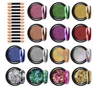 BISHENGYF Gold & Silver Holo Chrome Nail Powder, Shiny Nail Glitter, Pink Chameleon Flakes for Nail Art & Salon DIY - 14PCs