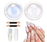 BISHENGYF Pearl White Chrome Nail Powder【2 PCS Upgrade Powder】Mermaid Aurora Pearl Nail Powder, Glazed Donut Nail Powder, Holographic Mirror Nail Chrome Powders for Gel Nails Art Design Nail Glitter