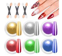 BISHENGYF Red Green Chrome Nail Powder - 6pcs Christmas Blue Purple Gold Nail Chrome Powders, Sparkly Holographic Chrome Powder For Nails Mirror Effect Glitter Pigment Dust - Christmas Nail Home DIY