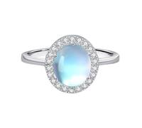 Bishilin Wedding Ring Women, Stackable Silver Rings Round with Blue Oval Shape Moonstone Sterling Silver Size N 1/2