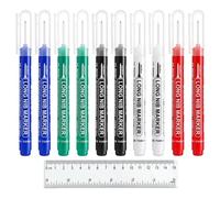 Bisienya 10pcs Long Head Deep Hole Marker Pens,20mm Long Nib Marker Pen,Deep Hole Marker,Hole Marker,Suitable for Hardware,Tiles,Glass,Wood(White,Black,Red,Blue,Green) with 1 Ruler