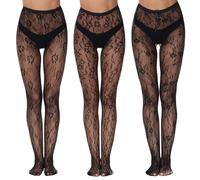 Bisienya 3 Pairs Women's Patterned Fishnet Tights Floral Patterned Fishnet TightsLace Pantyhose High Waist Fishnet Stockings Fashion Black Patterned Tights Leggings for Women