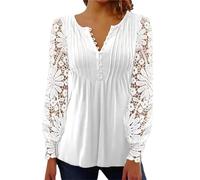 BISKAMY Tops for Women UK Elegant Ladies Tops Lace Patchwork Shirts Long Sleeve V Neck Blouse Plus Size Casual Loose T-Shirt， White Large