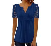 BISKAMY Tops for Women UK V Neck Summer Short Sleeve T-Shirt Lace Floral Printed Tunic Blouse Shirts Plus Size Casual Elegant Ladies Tops Blue