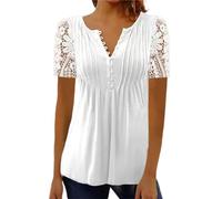 BISKAMY Tops for Women UK V Neck Summer Short Sleeve T-Shirt Lace Floral Printed Tunic Blouse Shirts Plus Size Casual Elegant Ladies Tops White
