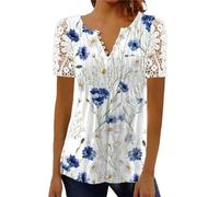 BISKAMY Tops for Women UK V Neck Summer Short Sleeve T-Shirt Lace Floral Printed Tunic Blouse Shirts Plus Size Casual Elegant Ladies Tops