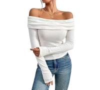 BISKAMY Women's Sexy Off Shoulder Tops Slim Fit Long Sleeve T-Shirt Spring Fall Blouse Women Basic Y2K Clothes White