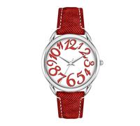 Bisley Women Watch Big Arabic Numbers Dial Easy to Read Denim Leather Strap Watch, Red/silver, casual