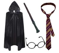 Bismaa 4PC Wizard Costume For Adults- Unisex Mens Womens Fancy Dress Set Includes Tie, Glasses, Wizard Wand, Black Hooded Cape Ideal For World Book Day Halloween Costumes