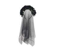 Bismaa Halloween Long Black Veil With Headband Black Flowers Gothic Bride Veil Day of the Dead Party Accessories Fancy Dress Hair Accessory for Adults