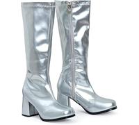 Bismaa New Women’s 1960’s 70’s Retro Knee-High Long Heel Gogo Boots Ladies Fancy Dress Party Go Go Boots With Side Zip Closure (6 UK, Silver)