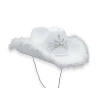 Bismaa White Cowboy Hat with Fluffy Trim for Men and Women - Unisex Adult Texan Cowgirl Hat Fancy Dress Party Accessory