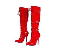 Bismaa Womens High Heel Boots With 3 Buckles - Ladies Kinky Fetish Stiletto Heel Full Side Zip Knee High Boots For Women Size UK Red, 11