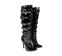 Bismaa Womens High Heel Boots With 5 Buckles - Ladies Kinky Fetish Stiletto Heel Full Side Zip Knee High Boots For Women Size UK, 7